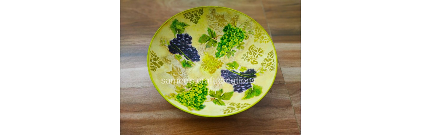 Grape themed decoupaged big sized bowl, Handcrafted bowl